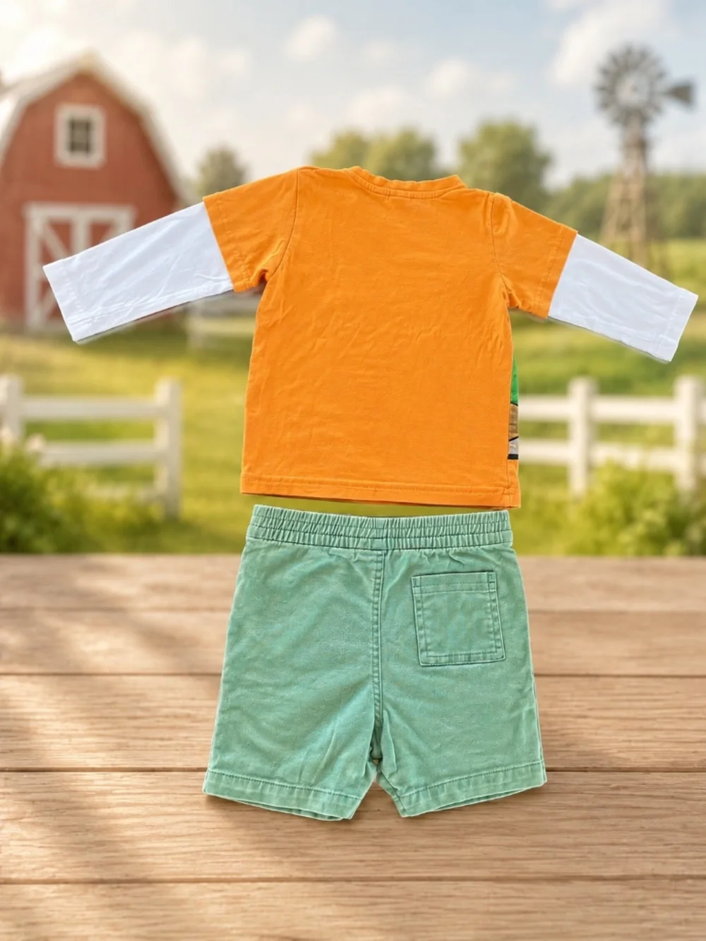 H&M Farm Animal Shirt + Cat & Jack Green Shorts Toddler 18-24M Outfit Set